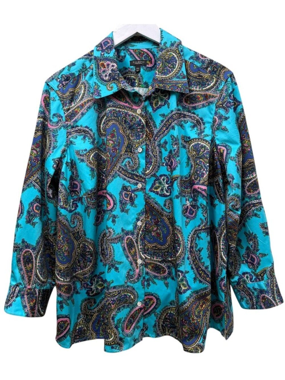 Talbots Paisley Top Plus Size 2X Petite Button Up Shirt Turquoise Blue Preppy